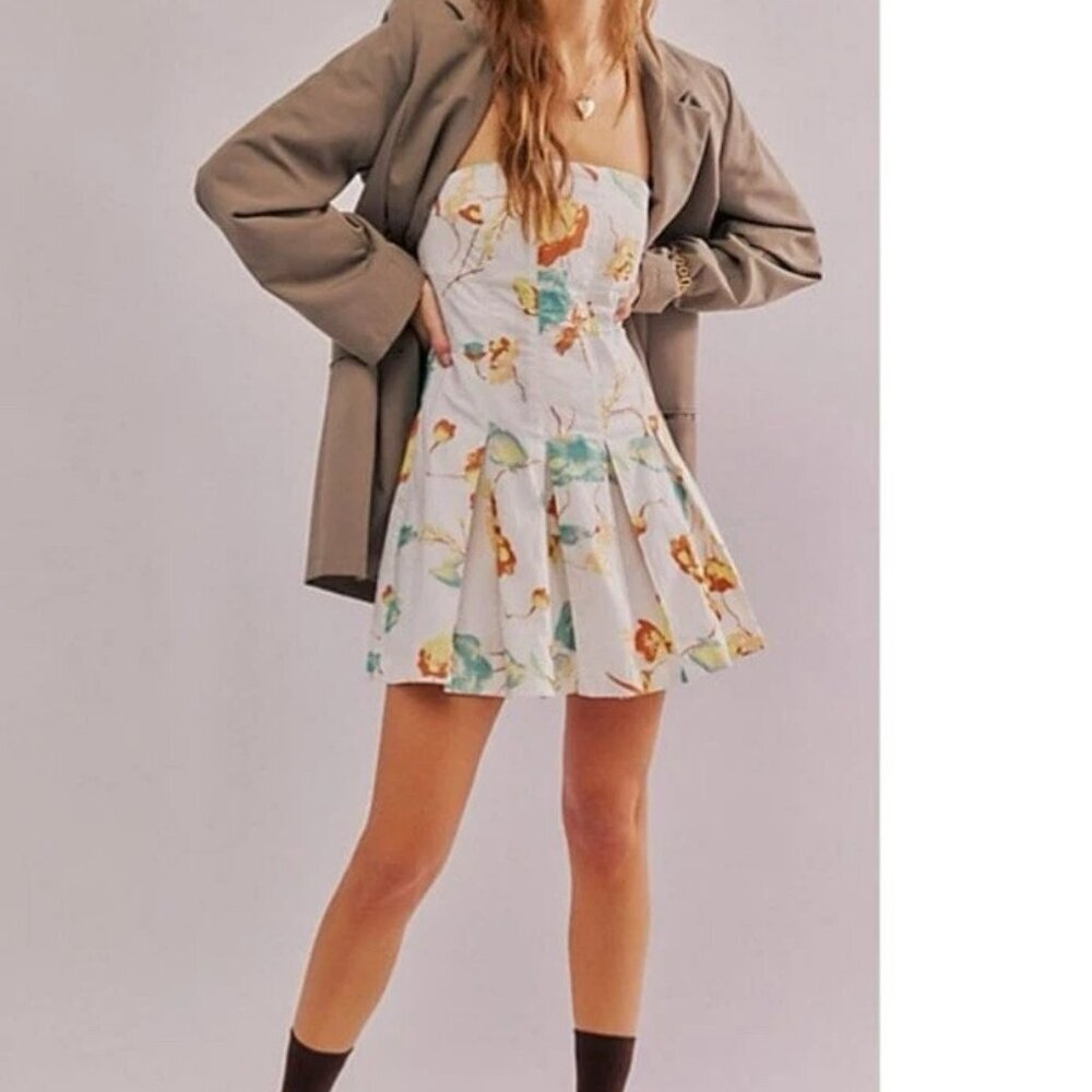 Free People Made Me Smile Floral Pleated Mini Dress Stretch Strapless Size S
